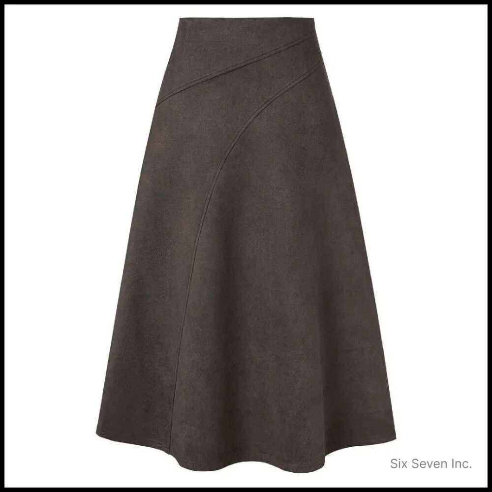 Faux Suede Midi Skirt High Waist A-Line Chic Fall Winter Elegant Minimal